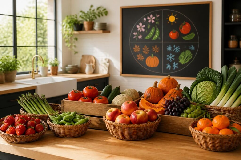 découvrez les bases d'une cuisine de saison pour toute l'année avec notre calendrier inclus, pour des recettes fraîches et adaptées à chaque saison.
