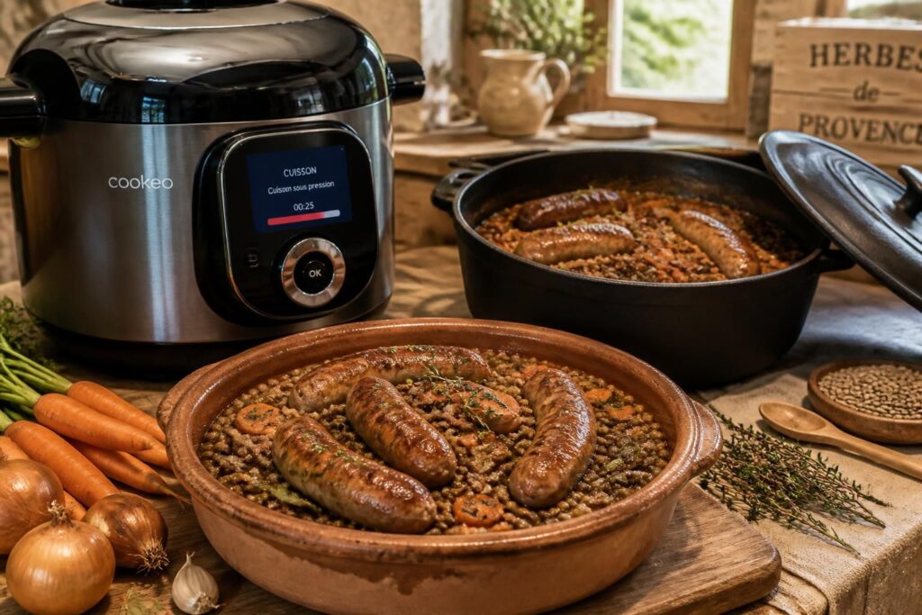 découvrez la recette traditionnelle des saucisses aux lentilles, facile et rapide à préparer avec votre cookeo ou en cocotte pour un plat savoureux et réconfortant.