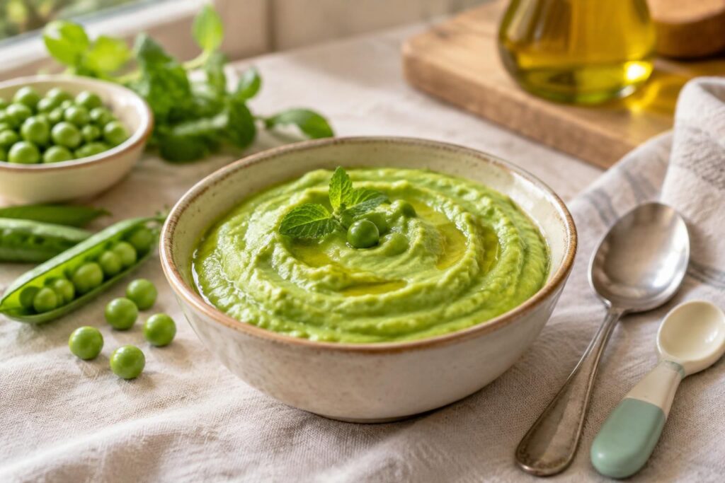 découvrez une purée de petits pois maison, douce et onctueuse, facile à préparer et appréciée des bébés comme des grands.