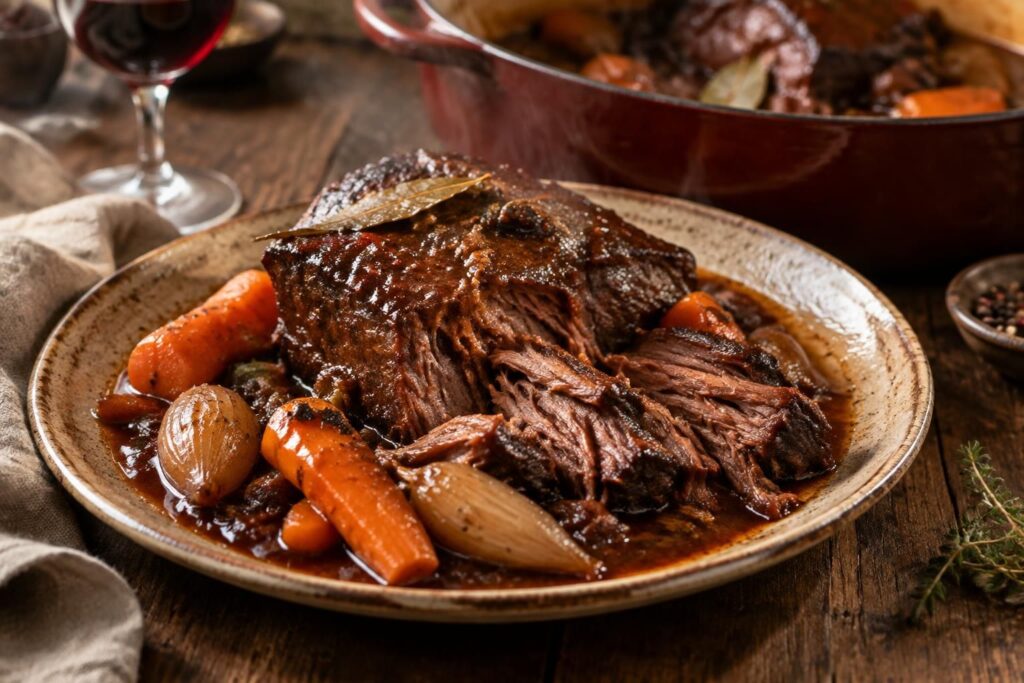 découvrez un paleron de bœuf confit au four à basse température, mijoté au vin rouge et aux épices pour une viande tendre et savoureuse.